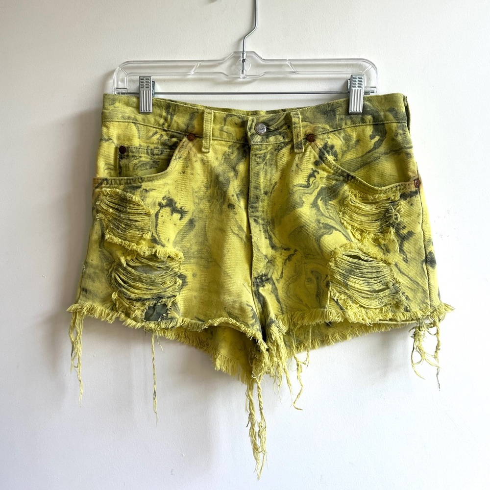 LEE Riders vintage reworked yellow gray tie dye distressed denim shorts